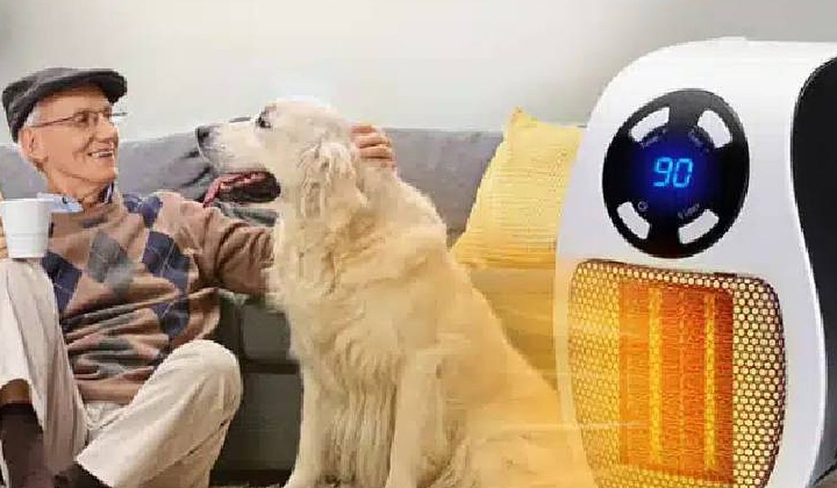 A man and his dog relaxing by a small space heater