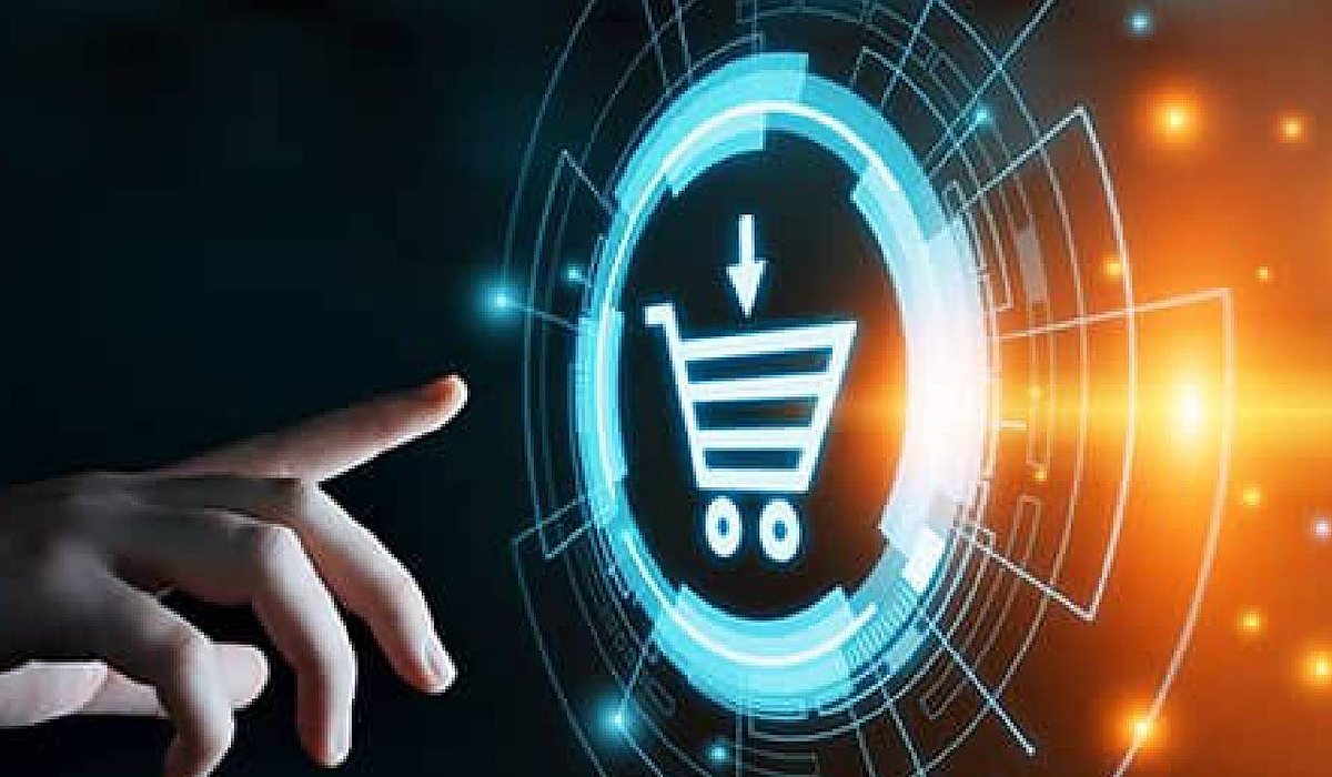A hand reaching for a glowing shopping cart icon